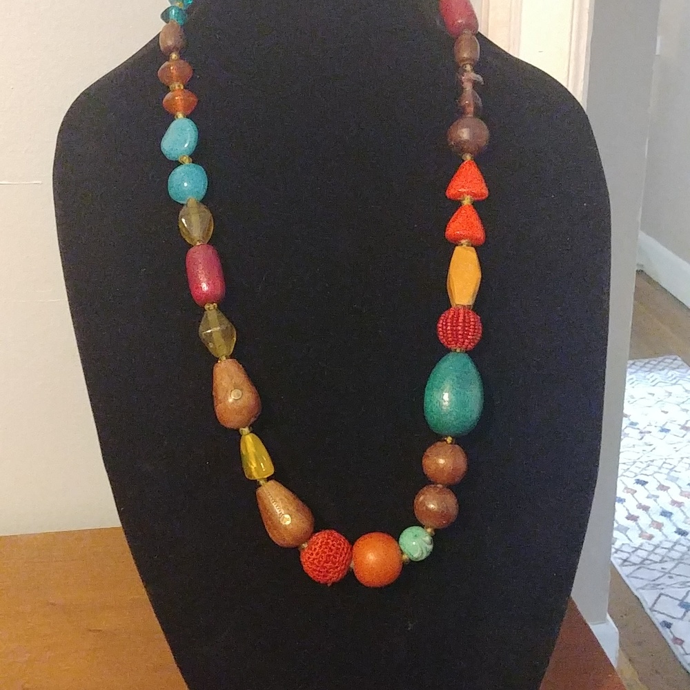 Multicolored Stone and wood beaded necklace.